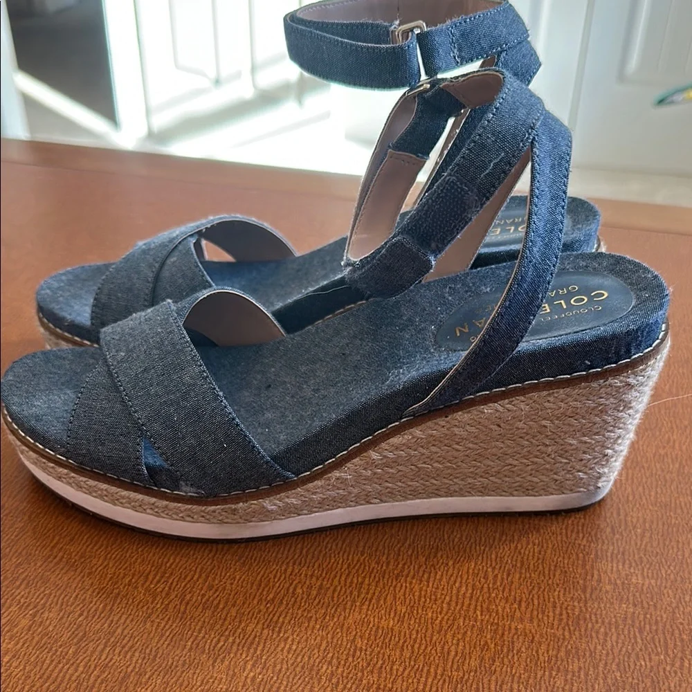 Cole Haan Denim-Look Blue Espadrille Wedge Sandals